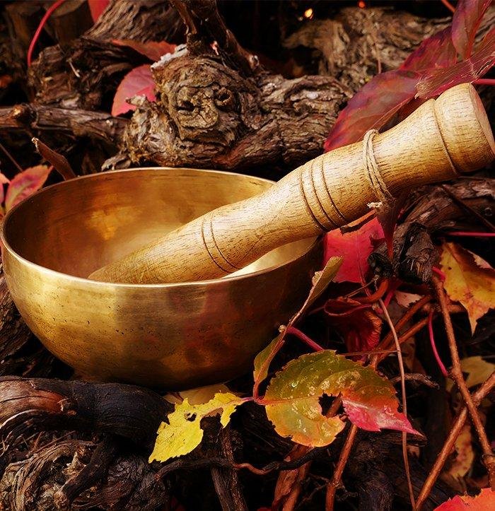 A brass singing bowl with a wooden mallet resting on autumn leaves.