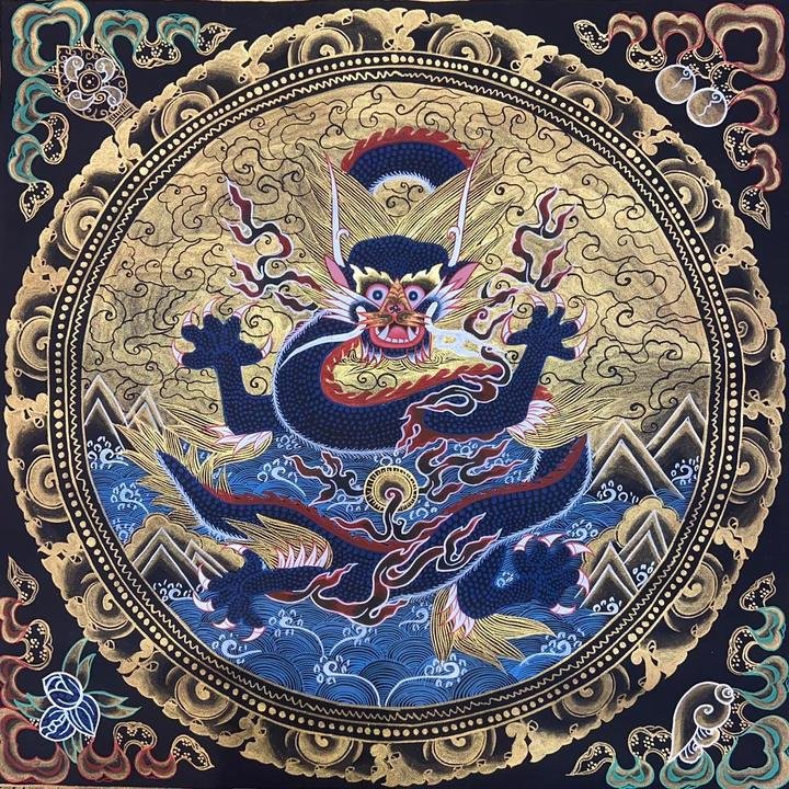 Close-up of a painted dragon with shaded blue waves.